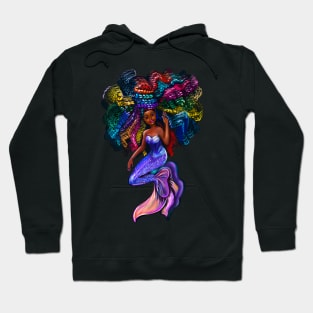 African American mermaid with flowing rainbow braids 2, brown eyes curly Afro hair and caramel brown skin Hoodie